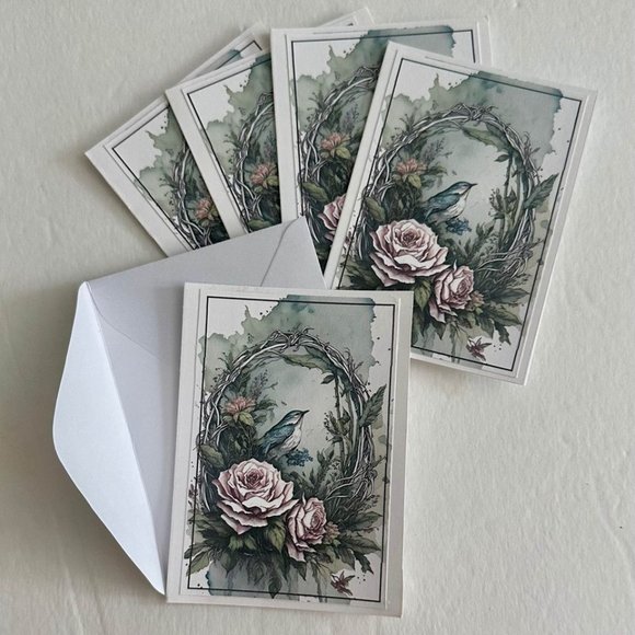 Set of 5-Watercolor Grapevine Wreath w/Pink Roses & Bird Handmade Folded Blank N - Picture 4 of 4